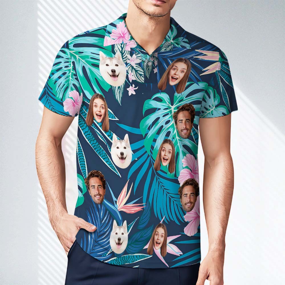 Polos Personalizados Personalizados Polo Con Cara De Hombre Personalizado Polos De Golf Para Él Hojas Y Flores Verdes - TuNombrecollar