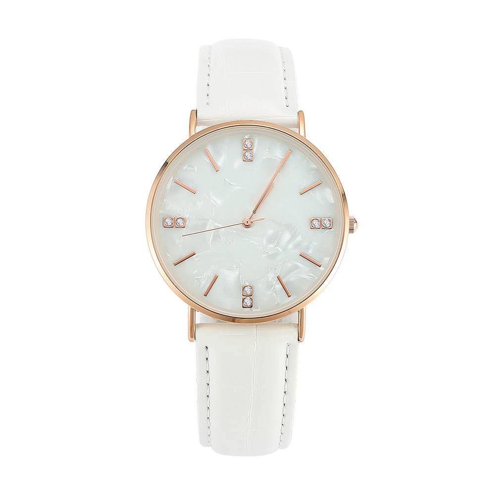 Reloj Con Esfera De Mármol De Moda Correa De Cuero Blanco - Mujer