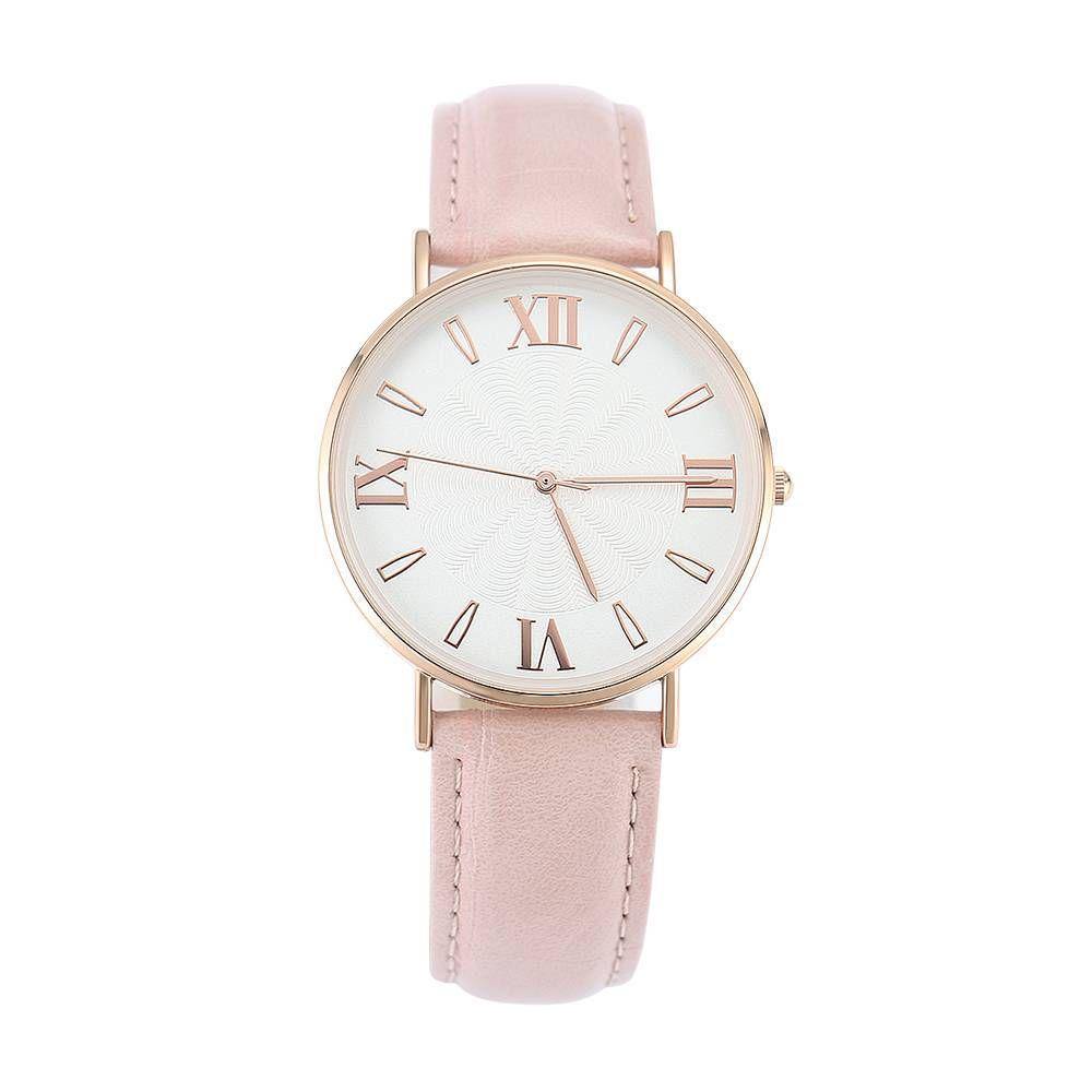 Reloj De Esfera Blanca Con Correa De Cuero Rosa De Cuarzo De Moda - Mujer