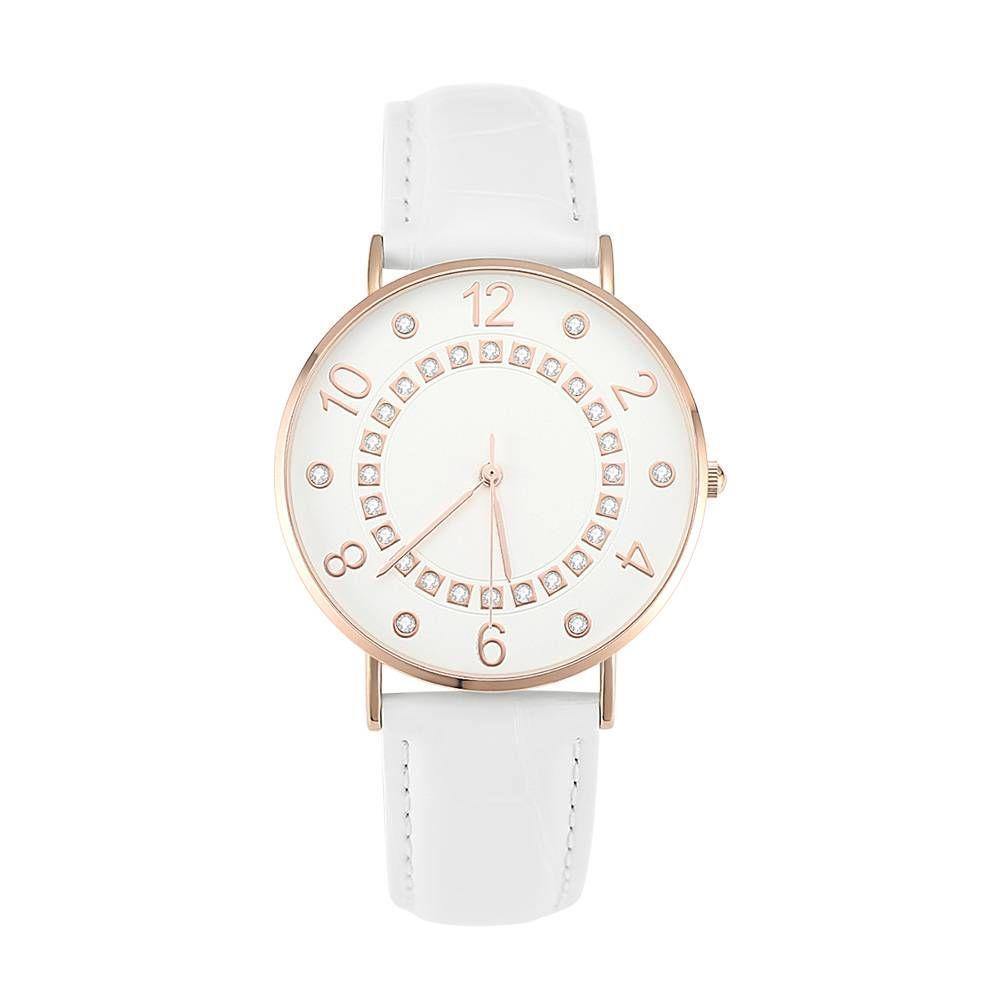 Reloj De Esfera Digital Con Correa De Cuero Blanco De Cuarzo - Mujer