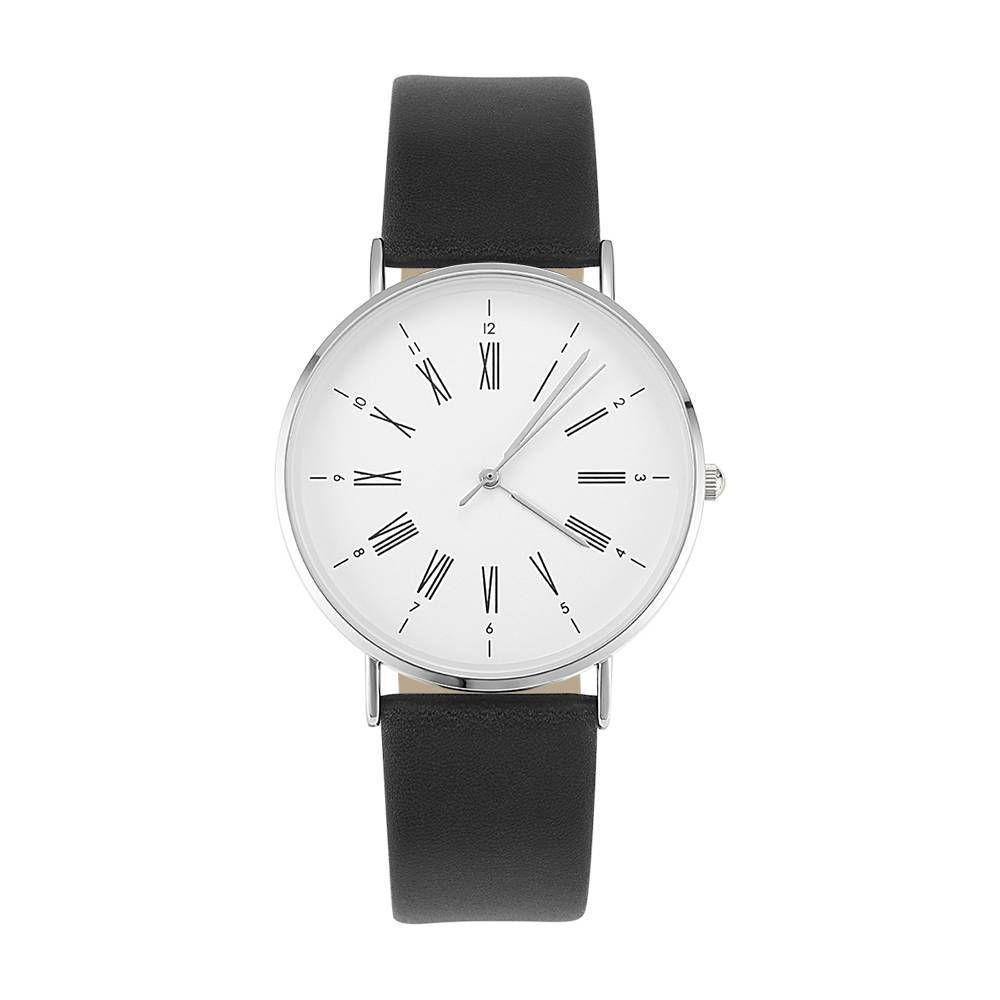 Reloj Con Esfera Blanca Reloj De Negocios Con Correa De Cuero Negro De Cuarzo De Moda - Mujer