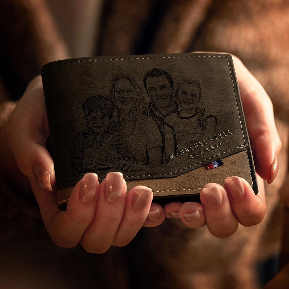 Cartera De Cuero De Estilo Clásico Con Foto Grabada Personalizada Para Hombres