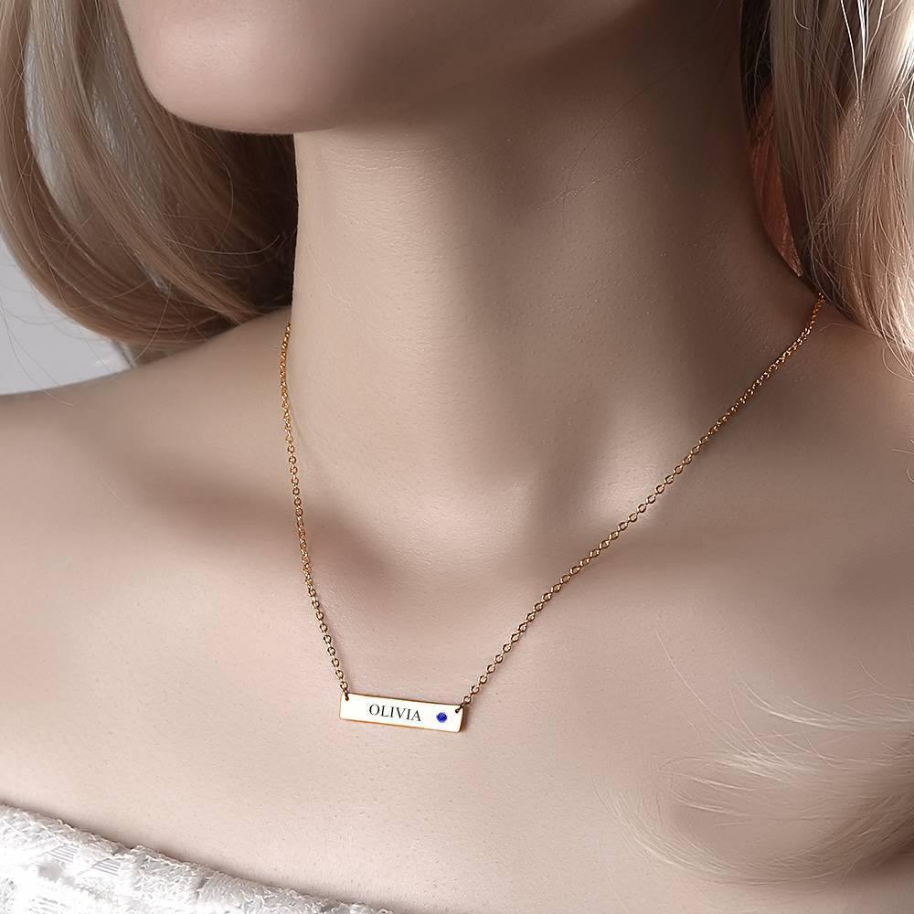 Collar De Barra Personalizado Con Piedra De Nacimiento Y Grabado Plata Con Baño De Oro Rosa