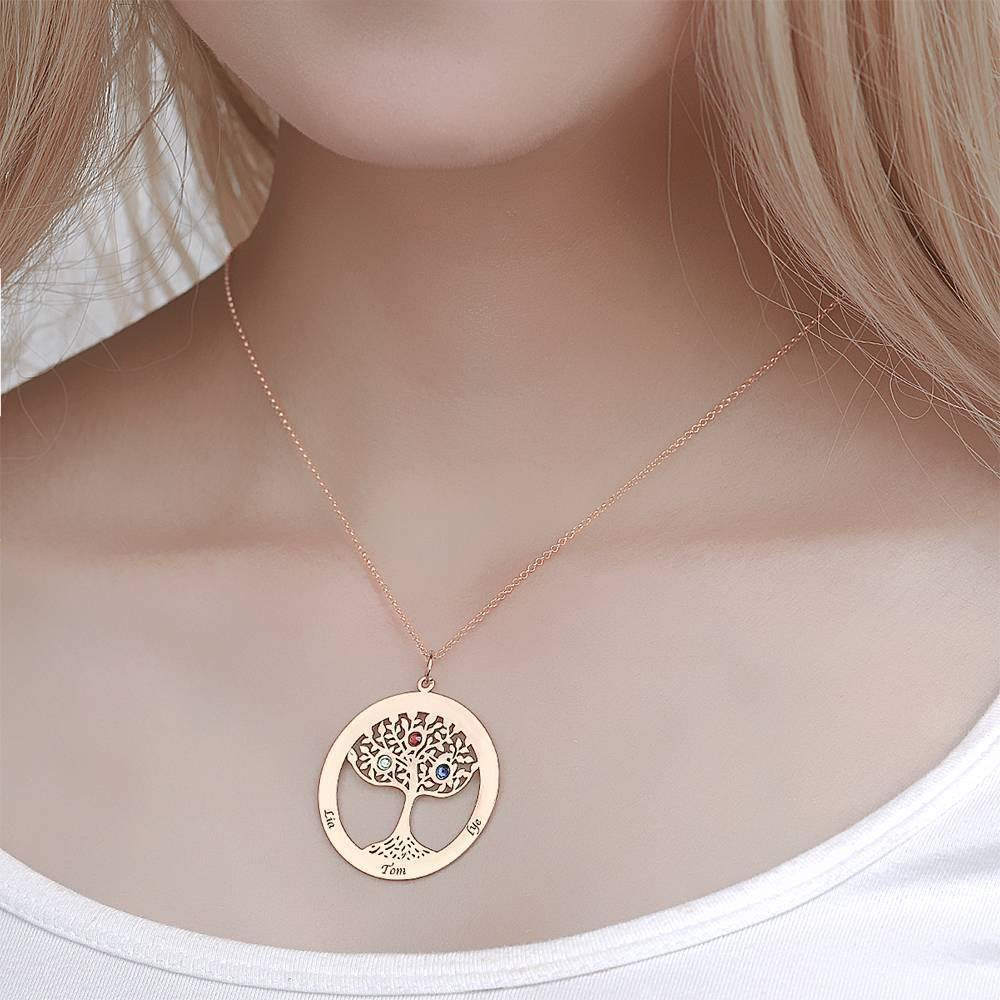 Collar ?rbol Familiar con Piedra de Nacimiento, Collar Grabado Regalo Familiar Chapado en Oro Rosa - Plata