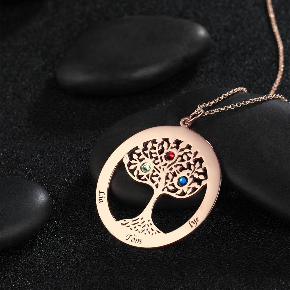 Collar ?rbol Familiar con Piedra de Nacimiento, Collar Grabado Regalo Familiar Chapado en Oro Rosa - Plata