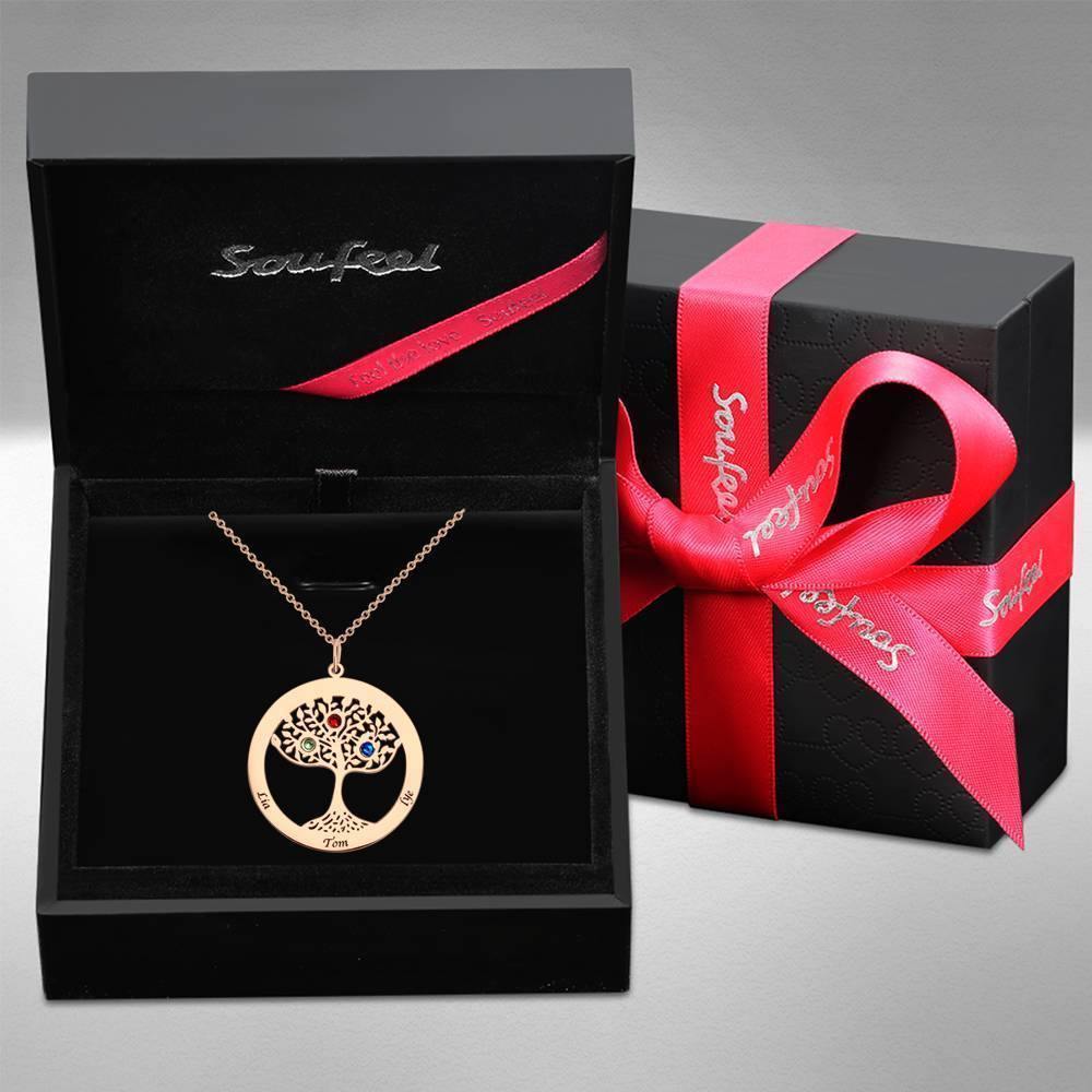 Collar ?rbol Familiar con Piedra de Nacimiento, Collar Grabado Regalo Familiar Chapado en Oro Rosa - Plata