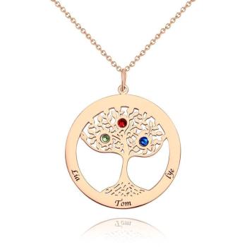 Collar ?rbol Familiar con Piedra de Nacimiento, Collar Grabado Regalo Familiar Chapado en Oro Rosa - Plata