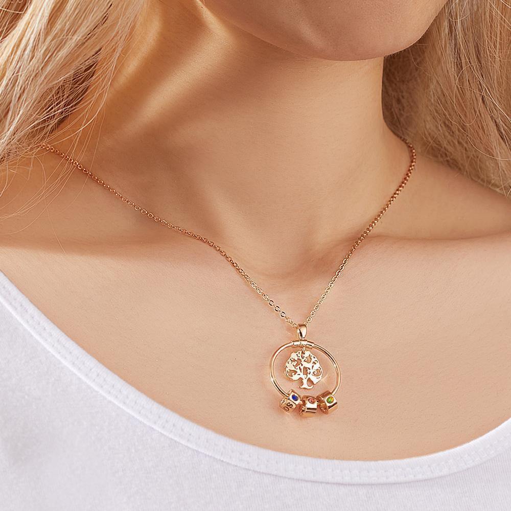 Collar De Árbol De La Vida Grabado Con Piedra De Nacimiento Personalizada Para Regalos - Oro Rosa