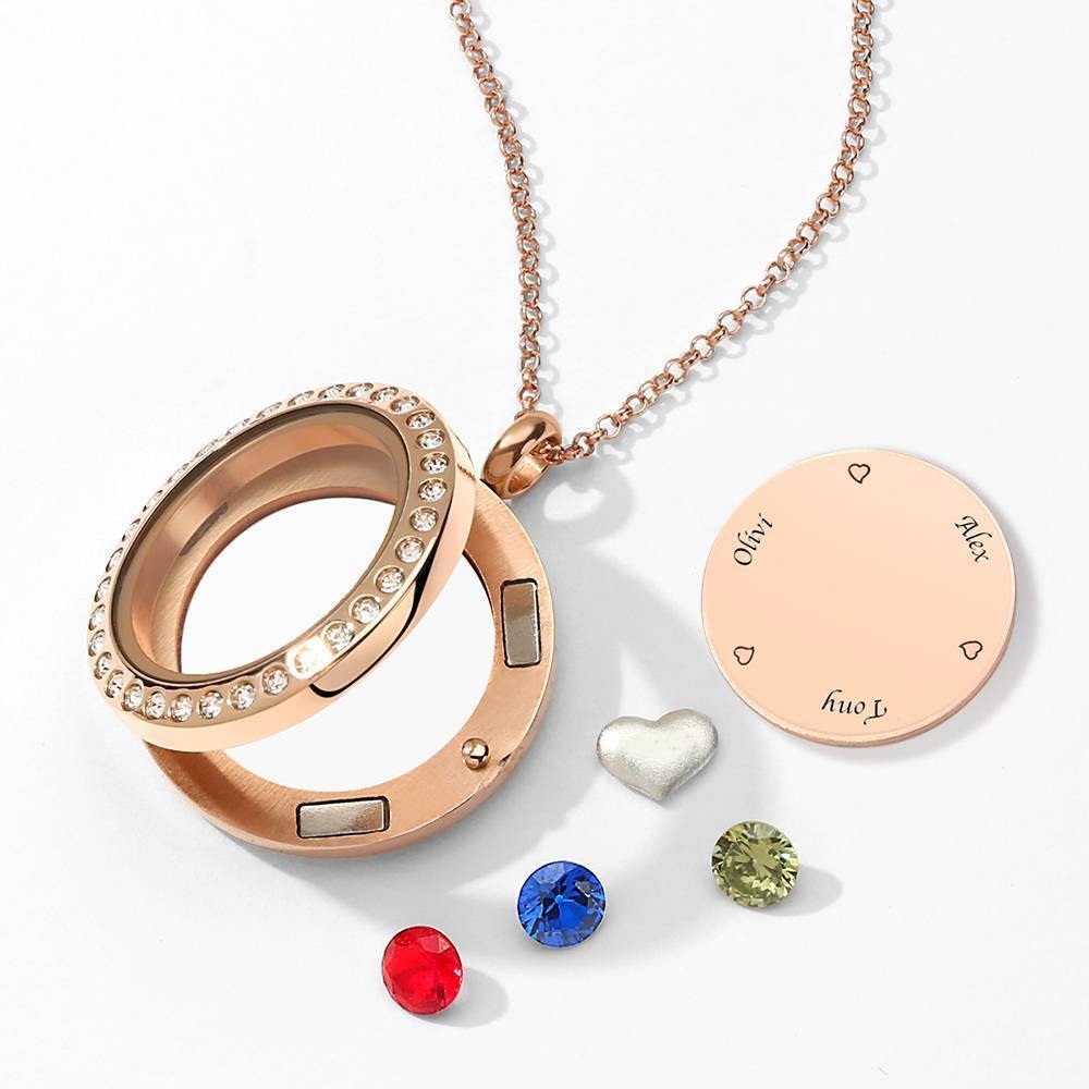 Collar de Relicario Flotante Personalizado con Piedra de Nacimiento y Grabado Chapado en Oro Rosa