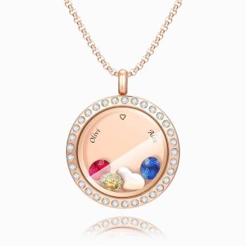Collar de Relicario Flotante Personalizado con Piedra de Nacimiento y Grabado Chapado en Oro Rosa