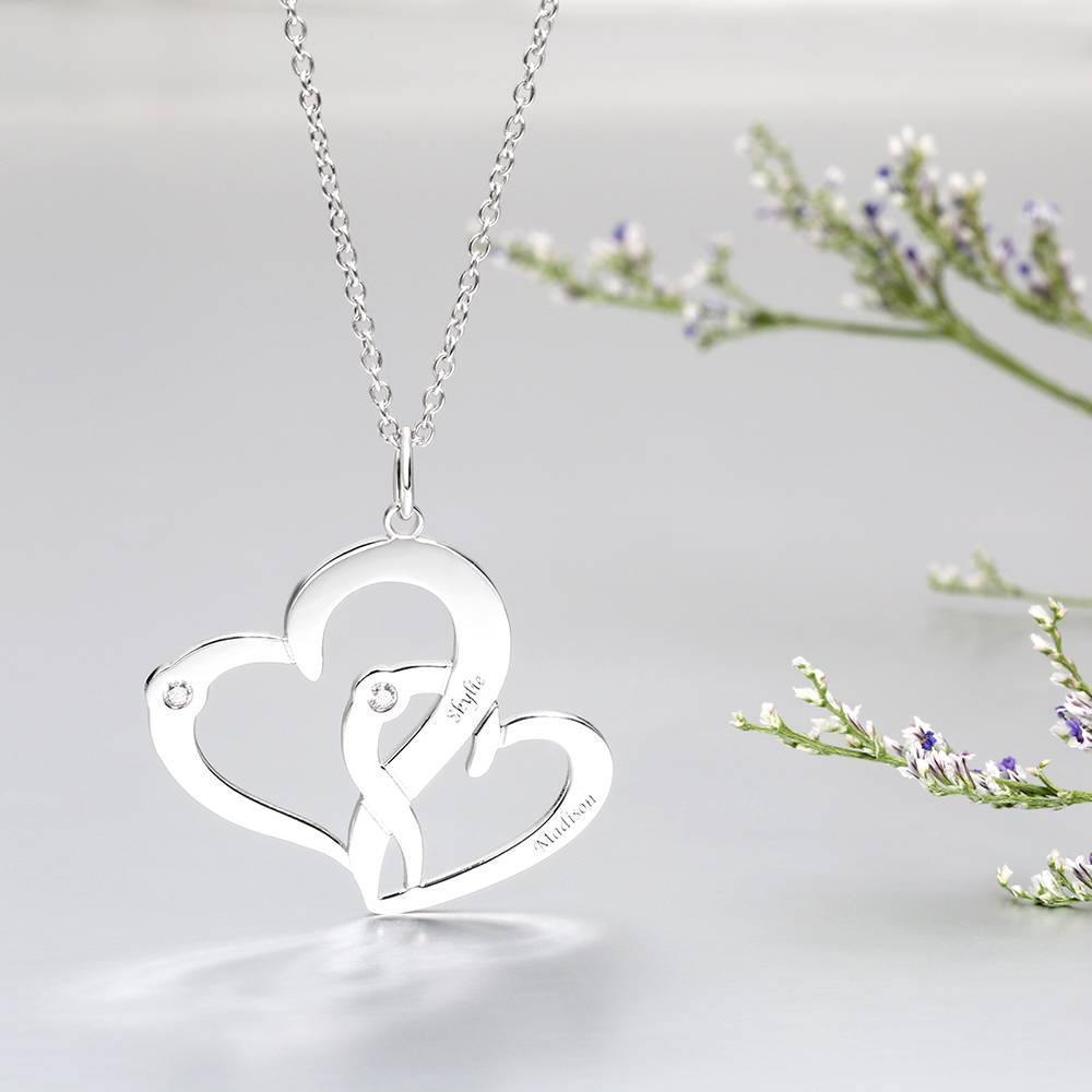 Collar Grabado Dos Corazones con Piedra de Nacimiento Plata