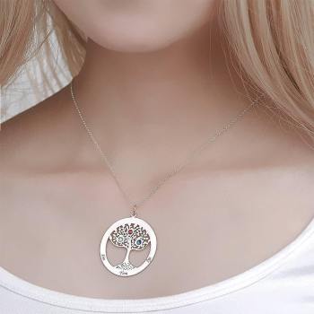 Collar ?rbol Familiar con Piedra de Nacimiento, Collar Grabado Family Gift Plata
