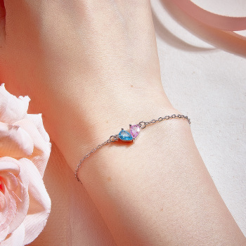 Pulsera Personalizada Con Corazón Y Piedra De Nacimiento Para Pareja. Pulsera Personalizada Con Dos Piedras De Nacimiento Para Parejas. Pulsera Ajustable Con Piedra De Nacimiento A Juego. - 
