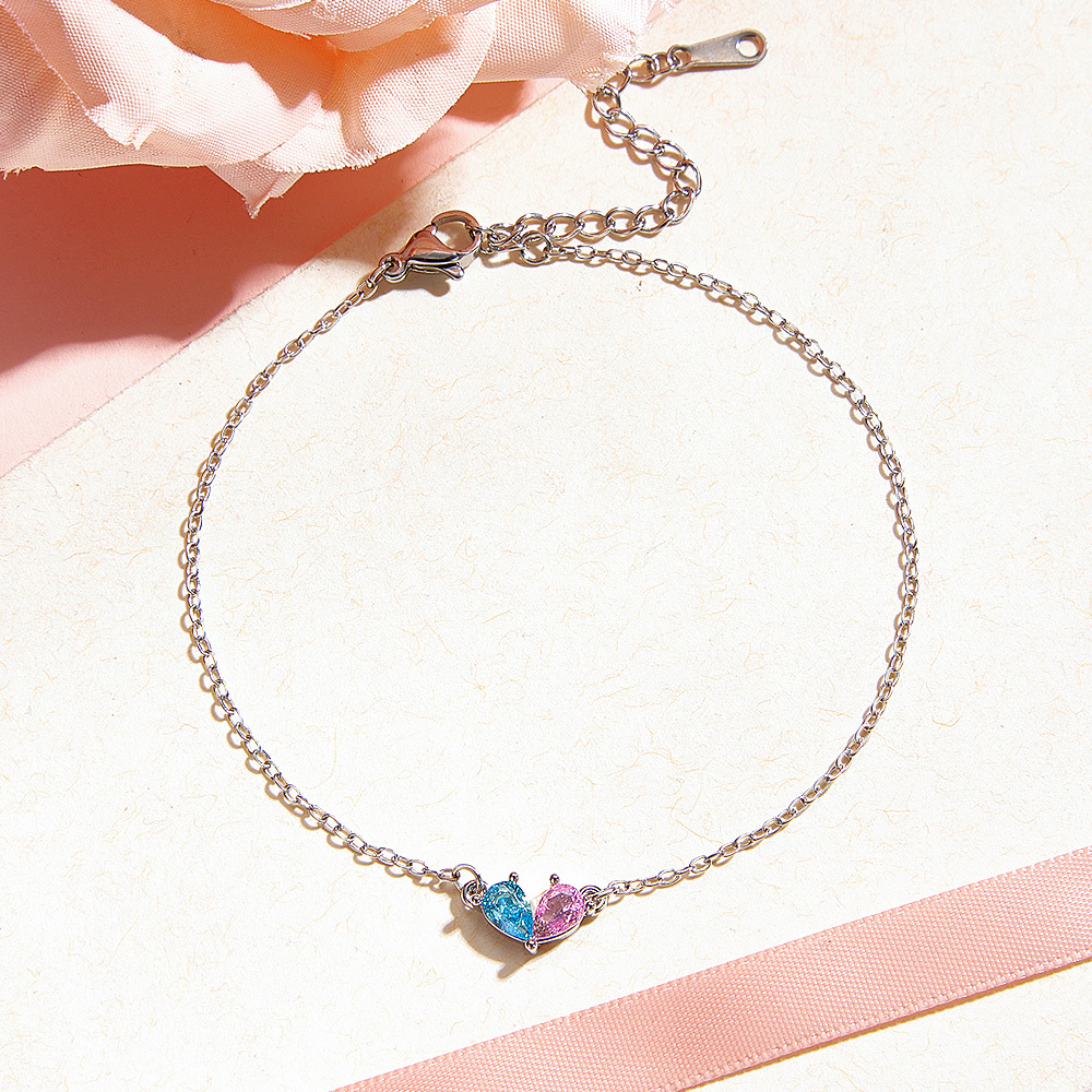 Pulsera Personalizada Con Corazón Y Piedra De Nacimiento Para Pareja. Pulsera Personalizada Con Dos Piedras De Nacimiento Para Parejas. Pulsera Ajustable Con Piedra De Nacimiento A Juego. - 