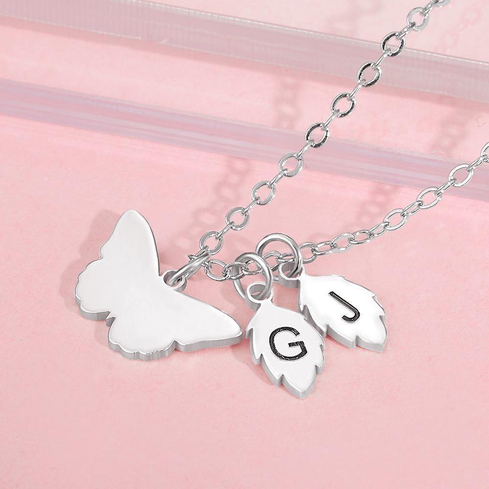 Collar Grabado con Mariposa y Hojas Regalos Conmemorativos para Ella Plata