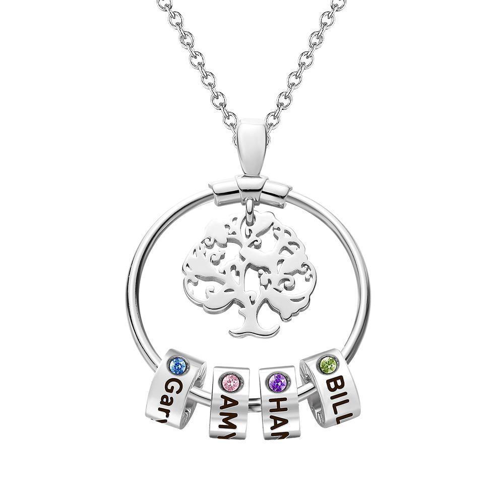 Collar De Árbol De La Vida Grabado Con Regalos De Una Piedra De Nacimiento Personalizada - Plata