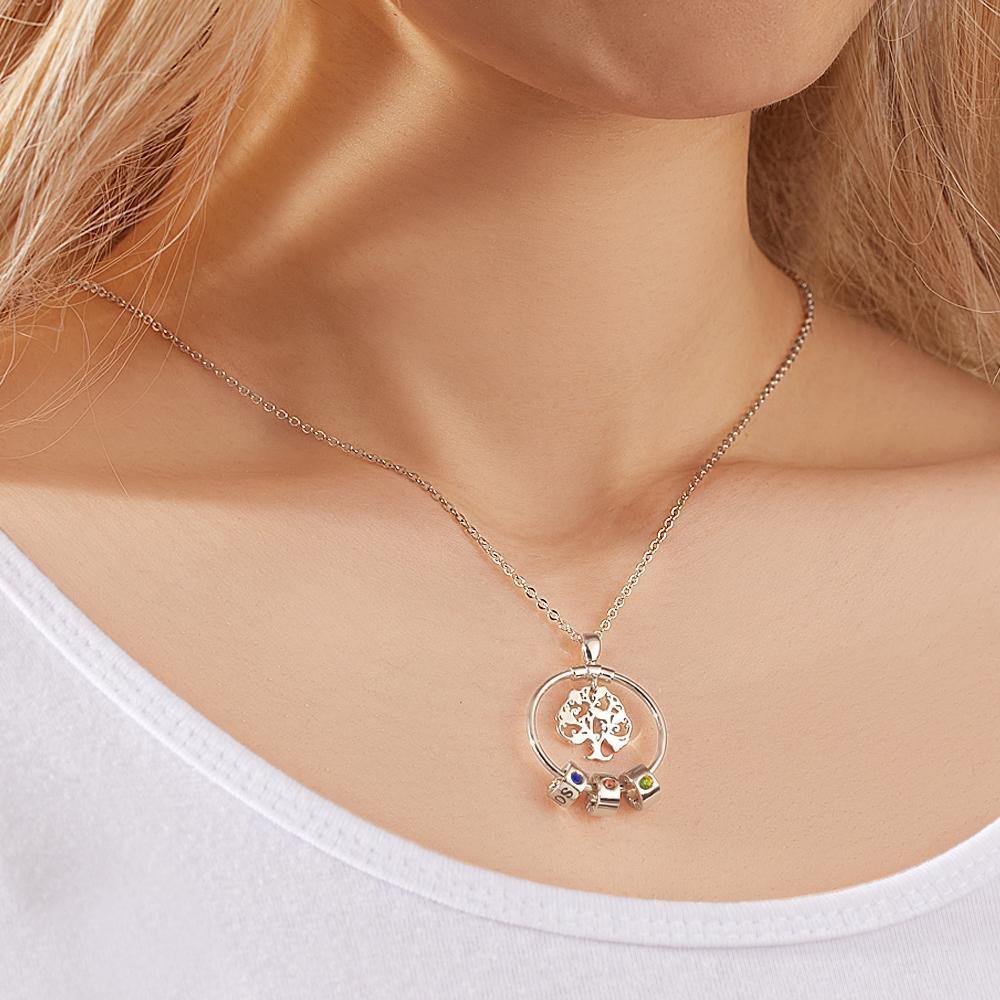 Collar De Árbol De La Vida Grabado Con Regalos De Una Piedra De Nacimiento Personalizada - Plata