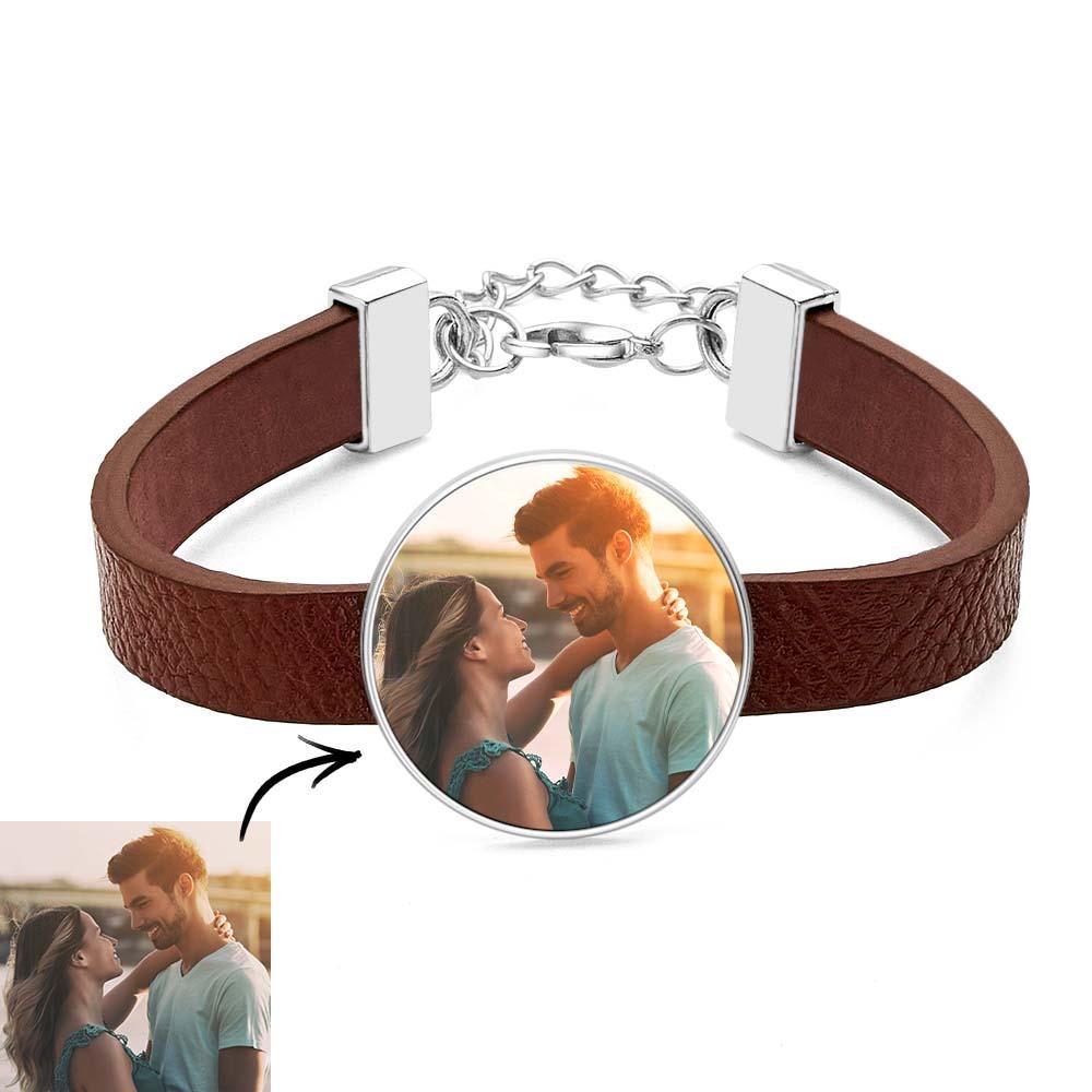 Pulsera De Cuero Con Foto Retro Con Texto Pulsera De Hombre Regalo Del Día Del Padre - TuNombrecollar