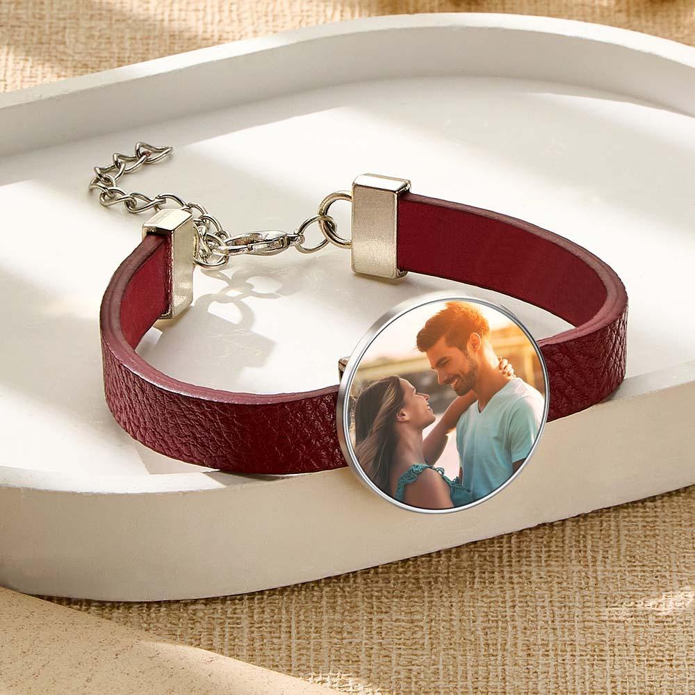 Pulsera De Cuero Con Foto Retro Con Texto Pulsera De Hombre Regalo Del Día Del Padre - TuNombrecollar