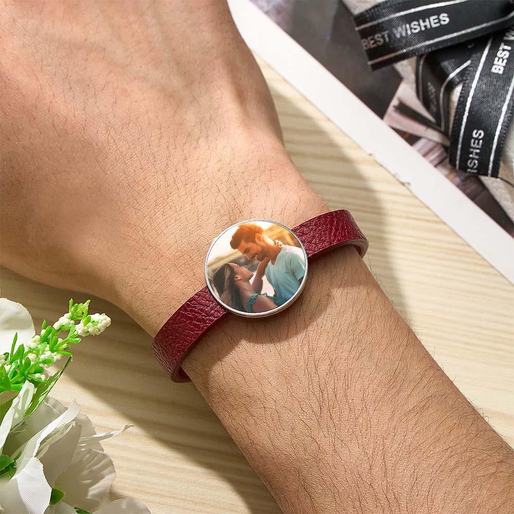 Pulsera De Cuero Con Foto Retro Con Texto Pulsera De Hombre Regalo Del Día Del Padre - TuNombrecollar