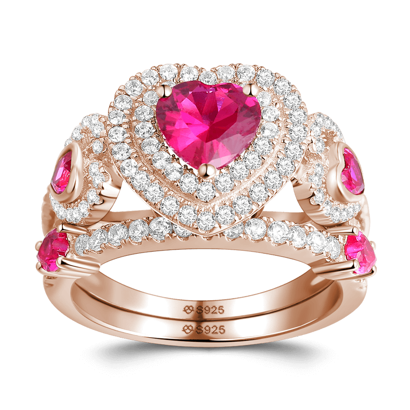 Conjunto De Anillo De Bodas De Corazón Rojo Femenino En Oro Rosa Y Plata De Ley 925