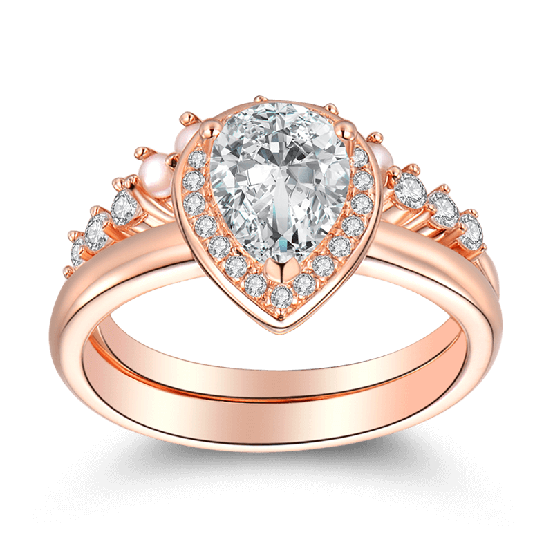 Conjunto De Anillo De Bodas De Corona Femenina De Amor En Oro Rosa Y Plata De Ley 925