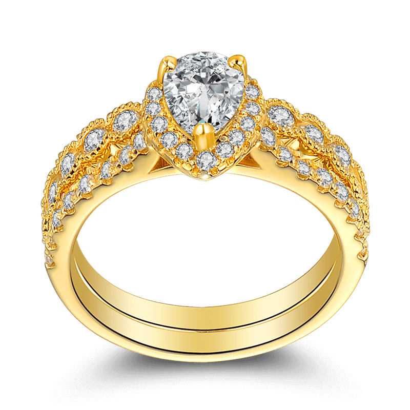 Conjunto De Anillos De Boda De Nobleza Femenina De Plata De Ley 925 Chapada En Oro De 14 K