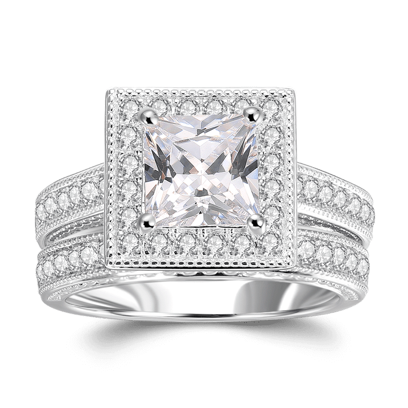 Square Forever Love Compromiso Boda Anillo De Novia Conjunto De Plata De Ley 925