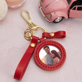 Photo Keychain Colorful Picture Unique Design Couple's Gifts with Red Leather -