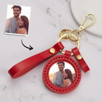 Photo Keychain Colorful Picture Unique Design Couple's Gifts with Red Leather -