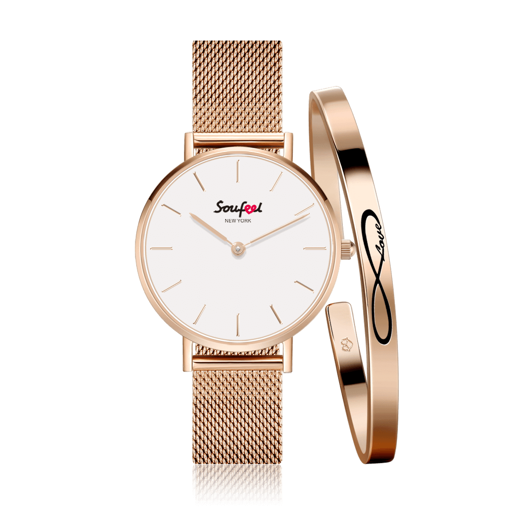 Reloj Con Correa De Malla Con Esfera Blanca Y Brazalete Infinito Chapado En Oro Rosa
