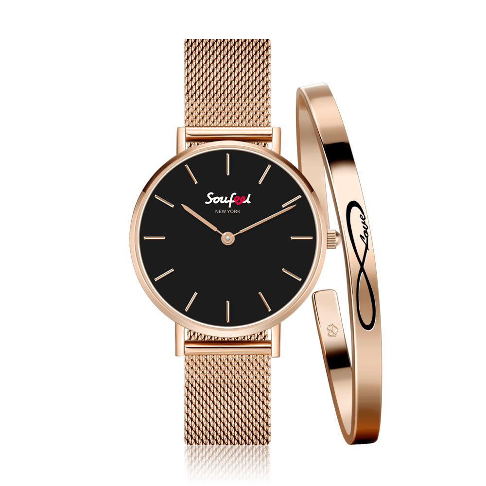 Reloj Con Correa De Malla Con Esfera Negra Y Brazalete Infinito Chapado En Oro Rosa