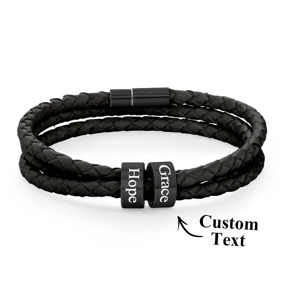 Pulsera Hombre De Cuero Trenzado Con Pequeñas Cuentas Personalizadas - TuNombrecollar