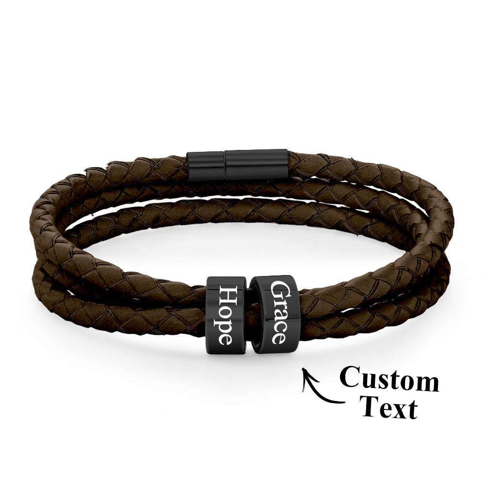 Pulsera Hombre De Cuero Trenzado Con Pequeñas Cuentas Personalizadas - TuNombrecollar