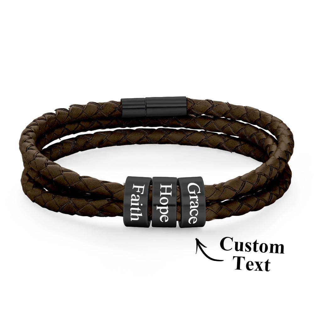 Pulsera Hombre De Cuero Trenzado Con Pequeñas Cuentas Personalizadas - TuNombrecollar