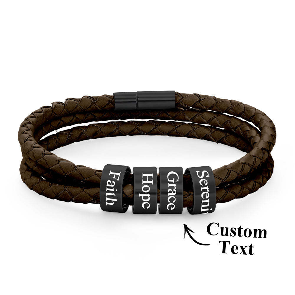 Pulsera Hombre De Cuero Trenzado Con Pequeñas Cuentas Personalizadas - TuNombrecollar