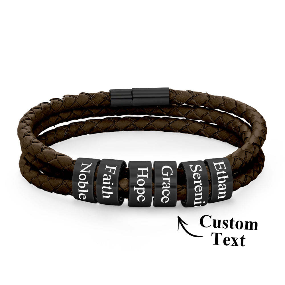 Pulsera Hombre De Cuero Trenzado Con Pequeñas Cuentas Personalizadas - TuNombrecollar