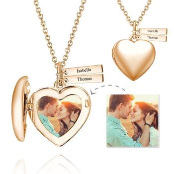 Collar Portafotos Corazón Con Dos Barras Grabadas Chapado En Oro Rosa