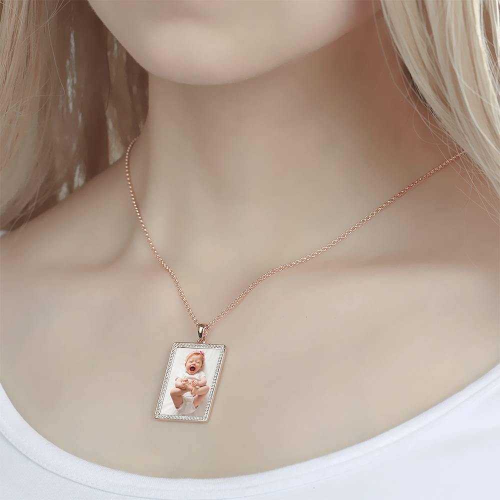 Collar Con Foto Grabada De Cristal, Collar Con Foto De Regalo Chapado En Oro Rosa - Colorido