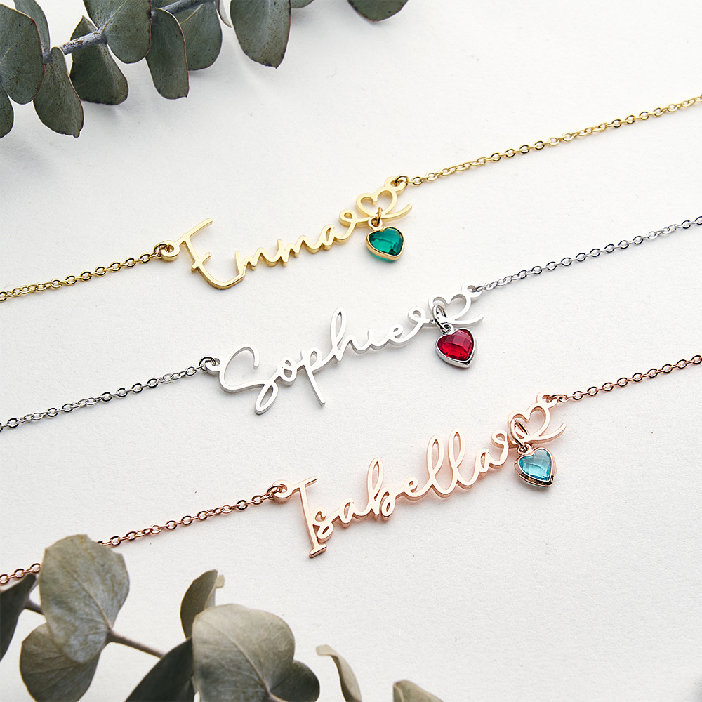 Collar Con Nombre Personalizado Y Piedra De Nacimiento De Corazón Collar Con Nombre Personalizado Y Piedra De Nacimiento Collar Con Nombre Y Piedra De Nacimiento De Corazón - 