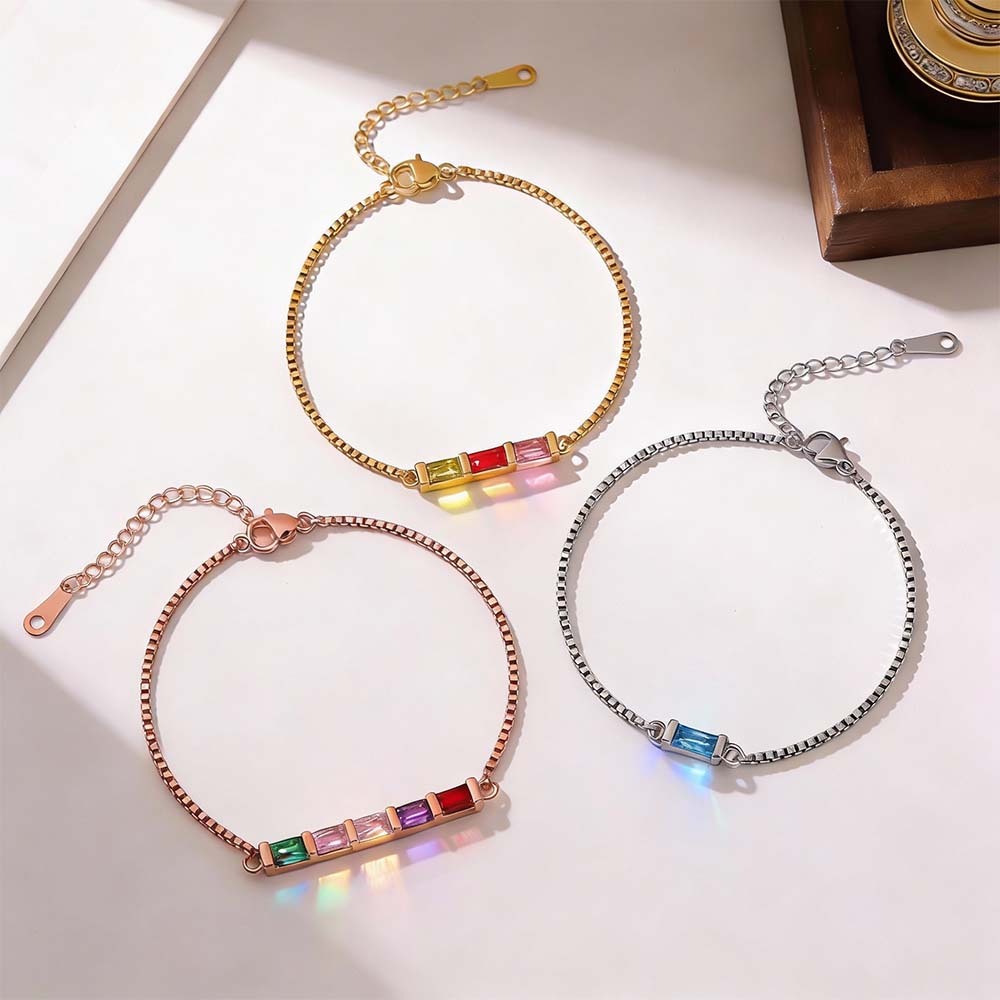 Pulsera Personalizada Con Piedra De Nacimiento Tipo Baguette. Delicada Pulsera Familiar Con Piedra De Nacimiento. Moderna Pulsera Con Barra De Piedra De Nacimiento. Regalo De Navidad Para Ella. - 