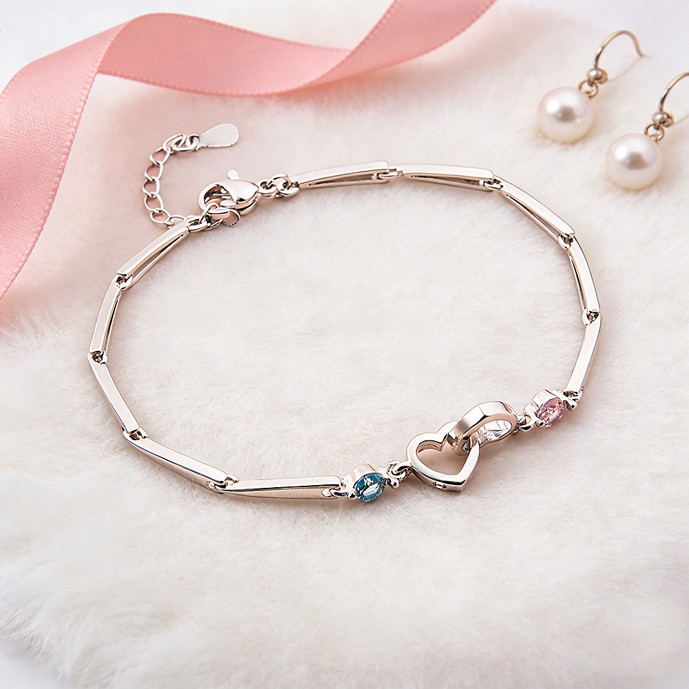 Custom Engraved Double-Heart Bracelet with Two Birthstones Personalized Keepsake for Grandmother & Grandchild