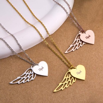 Collar Personalizado Con Nombre Y Corazón De Alas De Ángel. Collar De Alas Con Nombre Personalizado. Regalo De Condolencias Como Recuerdo Por La Pérdida De Un Ser Querido. - 