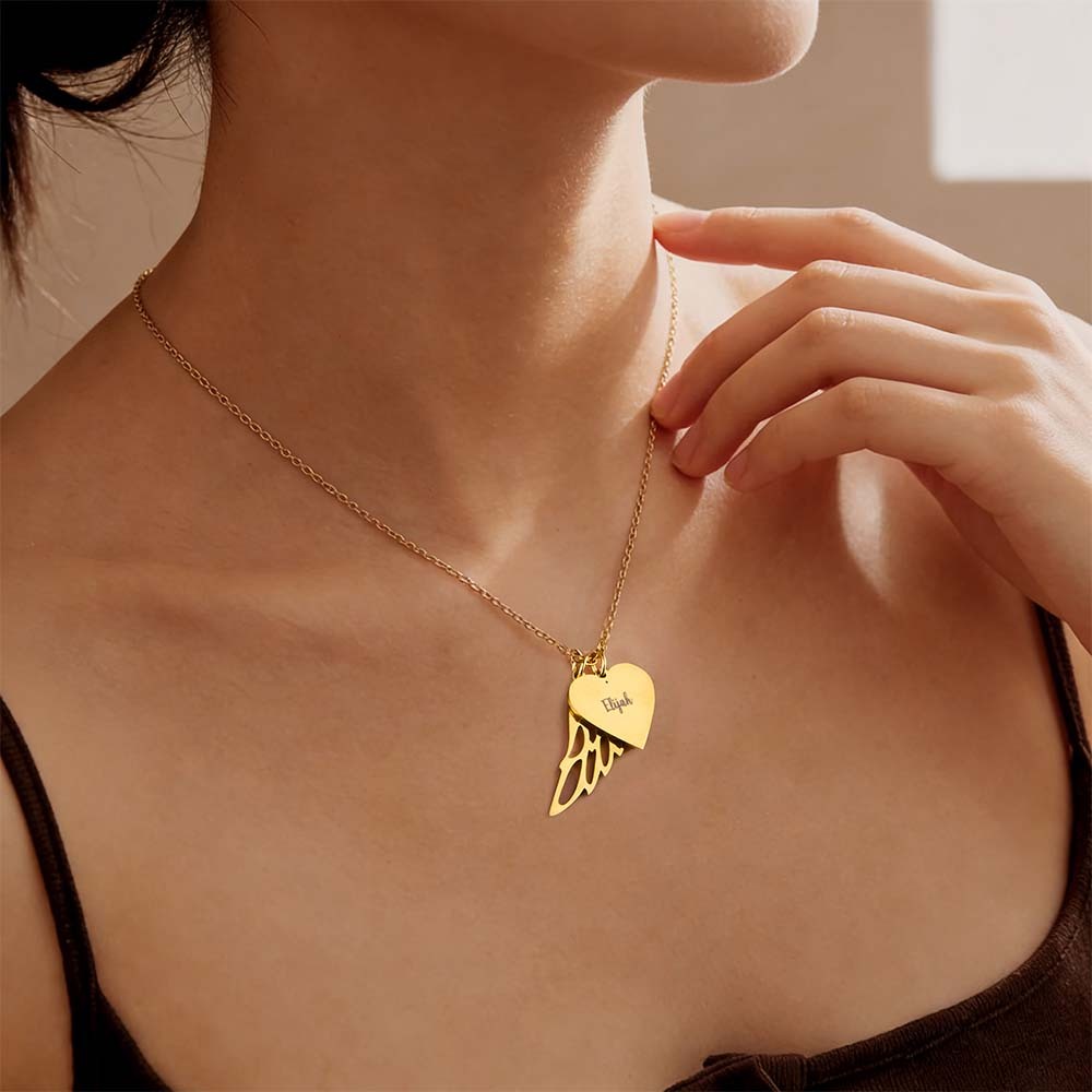 Collar Personalizado Con Nombre Y Corazón De Alas De Ángel. Collar De Alas Con Nombre Personalizado. Regalo De Condolencias Como Recuerdo Por La Pérdida De Un Ser Querido. - 