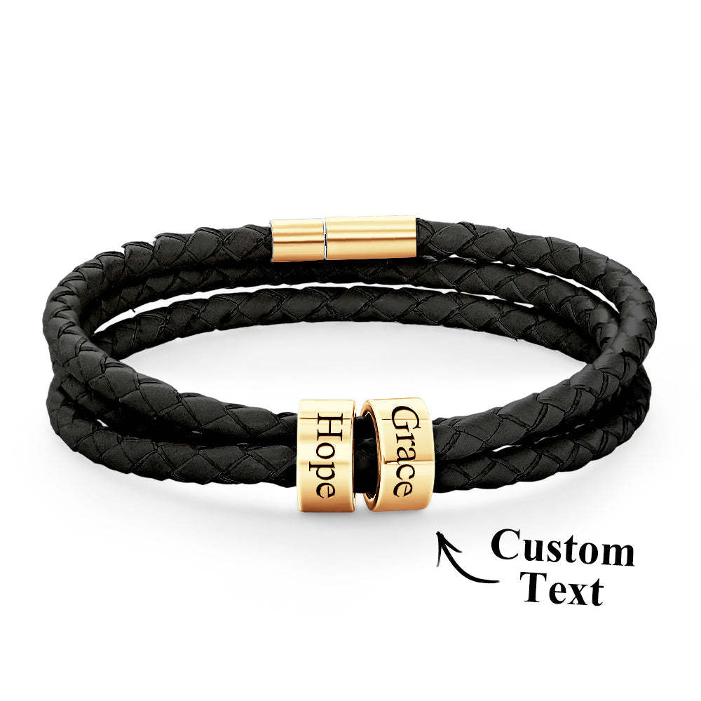 Pulsera Hombre De Cuero Trenzado Con Pequeñas Cuentas Personalizadas - TuNombrecollar
