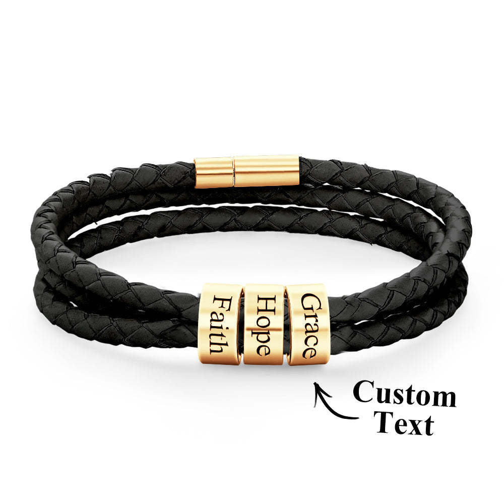 Pulsera Hombre De Cuero Trenzado Con Pequeñas Cuentas Personalizadas - TuNombrecollar