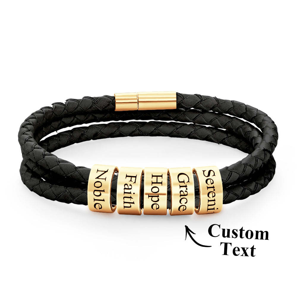 Pulsera Hombre De Cuero Trenzado Con Pequeñas Cuentas Personalizadas - TuNombrecollar