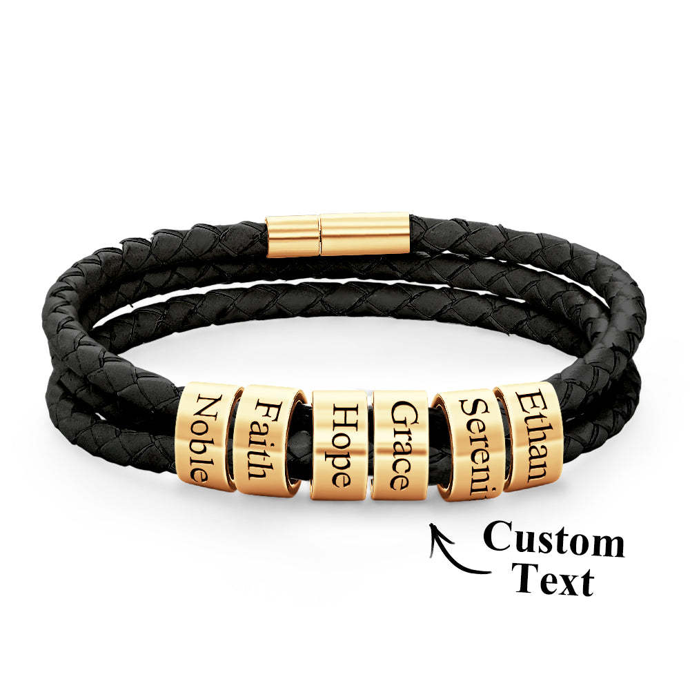 Pulsera Hombre De Cuero Trenzado Con Pequeñas Cuentas Personalizadas - TuNombrecollar