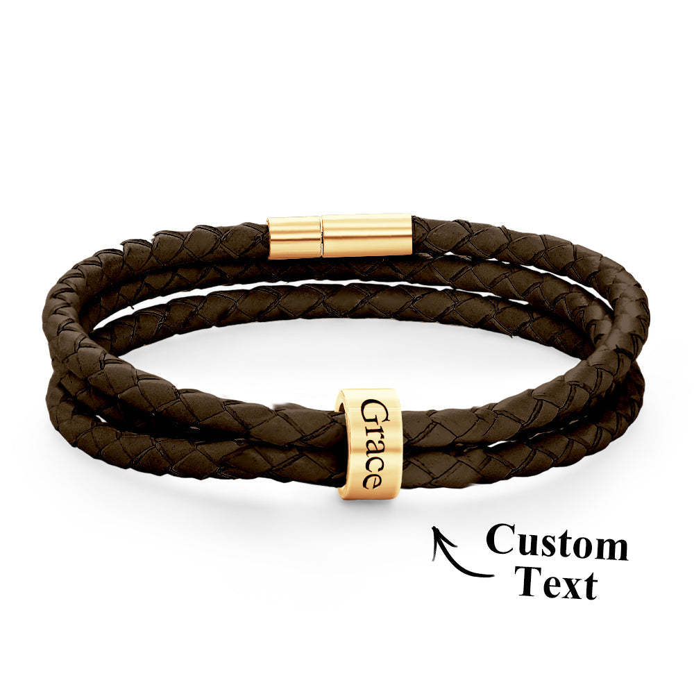 Pulsera Hombre De Cuero Trenzado Con Pequeñas Cuentas Personalizadas - TuNombrecollar