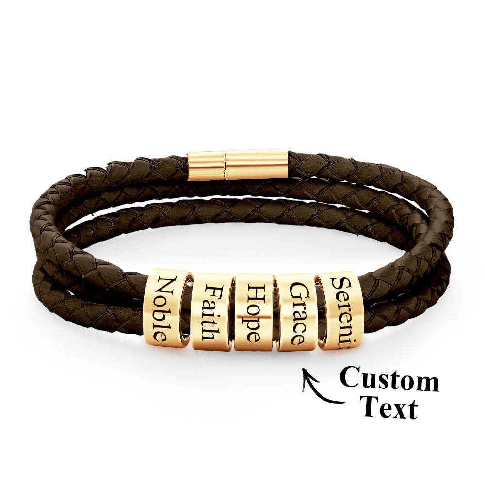 Pulsera Hombre De Cuero Trenzado Con Pequeñas Cuentas Personalizadas - TuNombrecollar